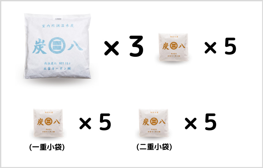炭八 大袋vs小袋セット 室内用3袋+3種類の小袋15袋mix